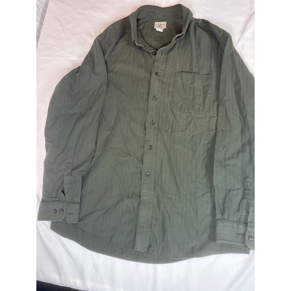 LL Bean Mens XL Olive Green Herringbone Cotton Button Down Shirt 278629